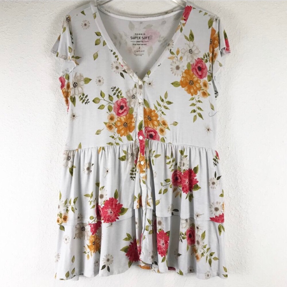 Torrid Super Soft Tiered Babydoll Top Button Front Garden Floral Plus Size 2X